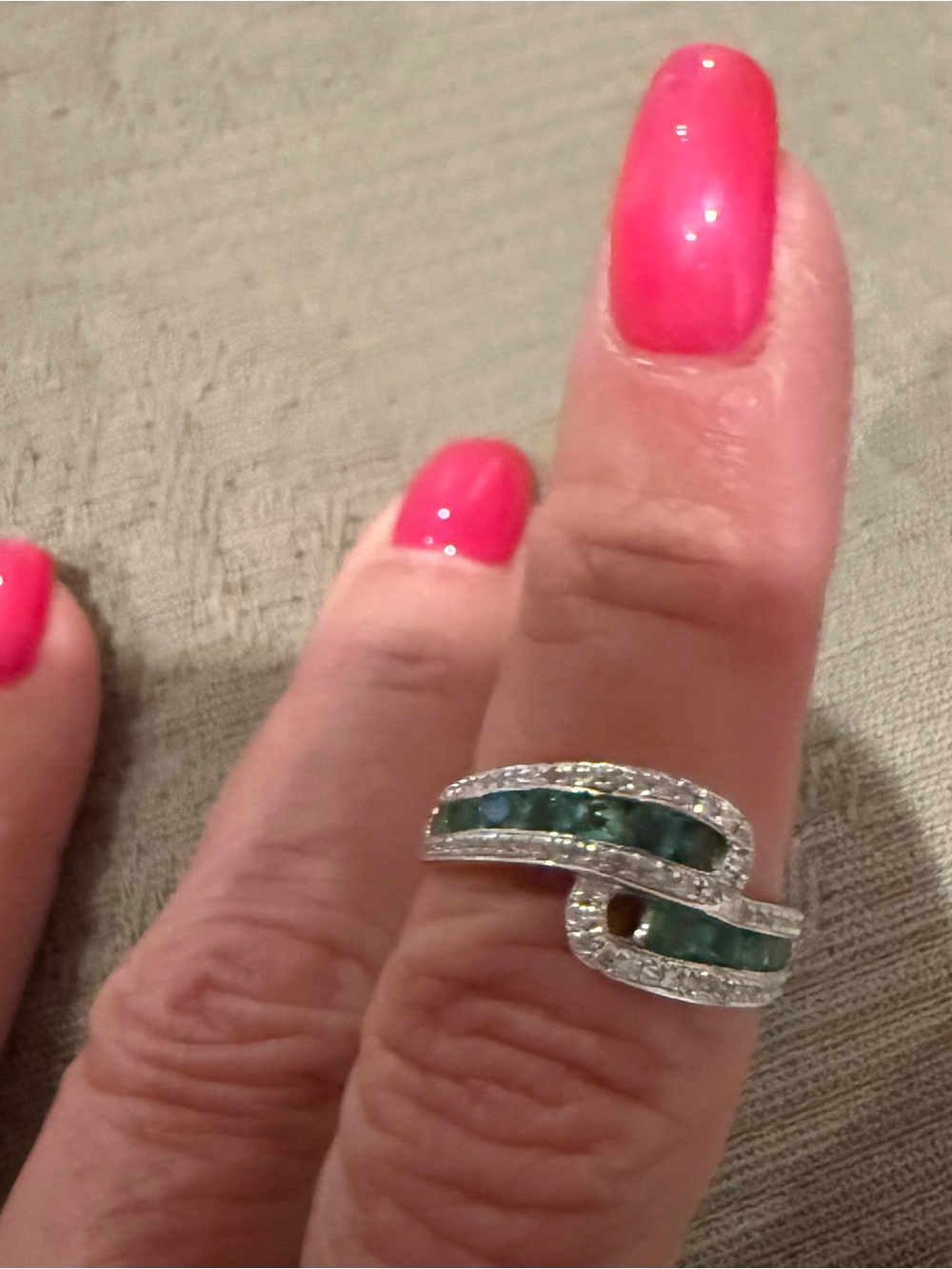 Ross-Simons Sterling Silver Pavé Wave Ring with Emerald Green Inlay - Picture 2 of 5
